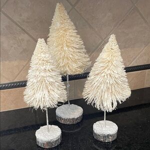 Set of 3 cream color frocked bottle brush with sparkle Christmas display trees.